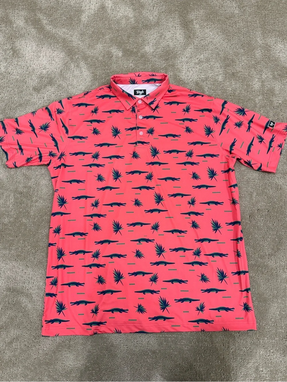 Waggle Chubbs Performance Golf Polo in Pink Coral Tropical Alligator - Picture 3 of 5